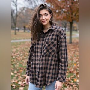 anctuary Brown Plaid Flannel Button-Up Shirt | Soft Fall Boyfriend Fit Size M